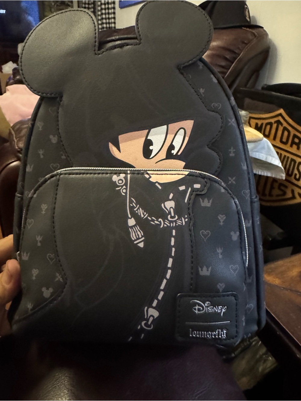 Loungefly Black Mickey Hooded Mini Backpack with Subtle Gray Motifs
